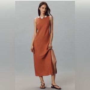 Anthropologie linen blend sleeveless crochet trim midi dress